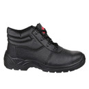 Side view of black leather safety boot with padded collar, metal lace eyelets, and heavy-duty outsole.
