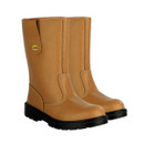 A pair of tall tan leather pull-on work boots with black outsoles, shown at a three-quarter front angle.