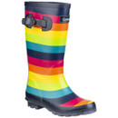 A colourful rain boot with horizontal rainbow stripes in shades of yellow, red, and blue, featuring a black buckle and sole, conveying a cheerful tone.