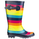 A knee-high rubber boot with vibrant rainbow stripes and a black buckle. The boot's cheerful colours convey a playful and joyful tone.