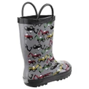 Grey children's rain boot with handles, featuring colourful, cartoon construction vehicles and black trim. Energetic and playful design.