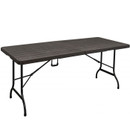 Foldable wood effect plastic table with a slatted surface and metal legs, set on a white background. Ideal for events and gatherings.