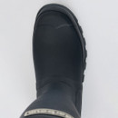 Top-down view of a navy Barbour wellington boot showing the rounded waterproof rubber toe and smooth matte finish.