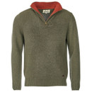 Olive green jumper with a red ribbed collar conveys a cosy and rugged outdoor style.