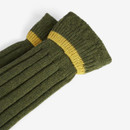 A pair of green, ribbed socks with a yellow stripe near the top, set against a plain white background, conveying a cosy and stylish vibe.