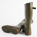 A pair of green rubber wellington boots with treaded soles are positioned against a white background, projecting a sense of utility and outdoor readiness.