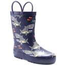 Children's navy blue rain boot with playful shark and fish design. Features pull handles for easy wearing, creating a fun and adventurous look.