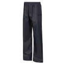 A pair of navy, waterproof rain trousers with a loose fit and elastic waistband, displayed against a white background. The fabric appears shiny and smooth.