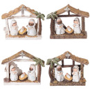 Set of four miniature nativity scene decorations featuring Mary, Joseph and baby Jesus in rustic stable designs with festive Christmas detailing.