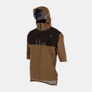 Brown and black waterproof jacket with a hood, half-zip front, short sleeves, and side zipper pockets. Designed for outdoor activities.