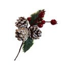 Side view of an artificial Christmas pick featuring snow-dusted pinecones, glossy red berries and realistic holly leaves for festive decorating.