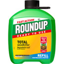 Roundup weedkiller container, green with yellow and red labels. Text highlights fast action and soil degradation. Capacity: 5L, refillable.