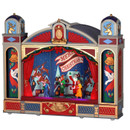 A side view of a multicoloured stage with figures performing on stage.