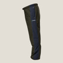 Dark green and blue outdoor trousers, side view. Features elastic waistband and logo on the thigh, suggesting functionality and comfort for hiking.