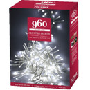 NOMA 960 white LED cluster lights retail packaging featuring cool white Christmas tree lights for indoor and outdoor use, with multifunction timer and clear cable.