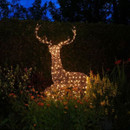 An illuminated wicker reindeer in a flower bed