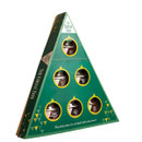 Triangular green box featuring six chutney jars with circular cutouts. The box reads "The Cheese Tree" and "The perfect partners for a fantastic festive cheese board."