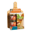 Packaged farmhouse pâté platter includes jars of pork and duck pâtés, Scottish oatcakes, and a wooden cutting board. Rustic, gourmet, and inviting.