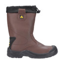 A single tall brown leather safety work boot with a black reinforced toe cap and drawstring cuff, viewed from the side.
