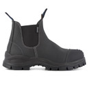 Side view of Blundstone 910 black safety dealer boot showing the leather upper, elasticated panel, reinforced toe and rugged sole.