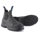 Blundstone 910 black safety dealer boots showing the deep tread outsole, reinforced toe and durable pull-on Chelsea design.
