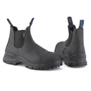 Blundstone 910 safety dealer boots shown from front and rear angles, highlighting the black leather uppers and sturdy soles.