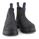 Front view of Blundstone 910 black safety dealer boots showing reinforced toe areas, elasticated panels and blue pull tabs.