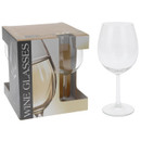 Set of clear stemmed wine glasses with rounded bowls, shown alongside retail packaging labelled “Wine Glasses”.