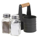 Black metal salt and pepper shaker holder with wooden handle, shown beside two glass condiment shakers.