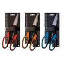 Three pairs of multi-purpose kitchen scissors with serrated stainless steel blades and black handles accented in red, orange and blue, displayed in retail packaging.