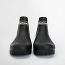 Front view of black Barbour Chelsea wellington boots showing rounded toes and embossed Barbour branding