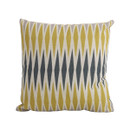 Decorative pillow with a yellow, grey, and white geometric pattern on a white background.