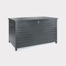 Closed grey aluminium garden storage box with a lockable lid and horizontal panel design, shown against a plain light background.