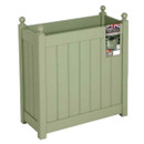 Sage green square garden planter with slatted sides and corner ball finials, shown with the product sleeve attached.