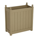 Nutmeg-coloured square garden planter with slatted panels and corner ball finials, shown on a white background.