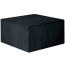 Black garden furniture cover fitted over a square garden furniture set to protect a corner sofa and table.