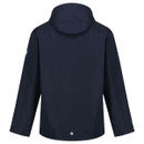 Alt text: "Back view of a navy blue, hooded rain jacket with long sleeves, featuring a small logo near the bottom. The jacket appears sleek and minimalist."