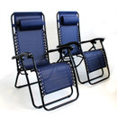 Two navy blue reclining chairs with headrests sit side by side on a white background, showcasing their sleek design and sturdy frames.