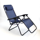 A navy blue reclining lounge chair with a cushioned headrest and adjustable armrests, set against a white background.