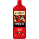 Red bottle of Tomorite concentrated tomato food, with label showing ripe tomatoes. Text highlights 20% extra free and the volume of 1.2L.