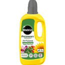Yellow bottle of Miracle-Gro Performance Organics All Purpose Plant Food, featuring colorful flowers and vegetables on the label.