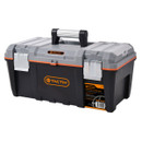 A black and gray toolbox with a sturdy handle and metal latches. The toolbox features orange accents, including a "TACTIX" logo. The design conveys durability.