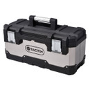 Sturdy black and silver toolbox with a central handle and two secure metal latches. The logo "TACTIX" is prominently displayed, conveying durability.