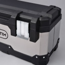 Open black and silver toolbox filled with assorted tools, including a hammer, screwdrivers, and nails. The toolbox has a rugged, organized design.