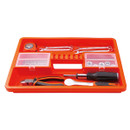 Orange tool set containing a screwdriver, pliers, tape measure, wrenches, and screw compartments, organized neatly in a plastic tray.