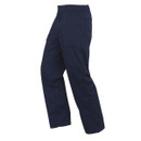 Angled side view of navy cargo work pants highlighting reinforced knee panels, mid-thigh utility pocket, and tailored straight-leg silhouette