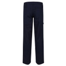 Back view of navy blue men’s work trousers featuring rear patch pockets, straight leg fit, and durable utility fabric with clean structured waistband