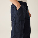 Side angle close-up of navy cargo trousers highlighting deep front pocket, stitched panel construction, and mid-thigh utility pocket for practical storage