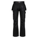 Back view: Black Tactical Threads work trousers with holster pockets, durable utility pants featuring multiple cargo pockets, reinforced stitching with orange accents, professional tradesman workwear.