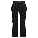 Front view: Men’s black utility work trousers with holster tool pockets, heavy-duty cargo pants, reinforced knee panels, D-ring attachment, durable industrial workwear design.